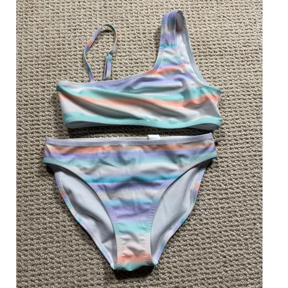 Lucky Brand 2pc Bikini Set One Shoulder‎ Girls 8/10 Blue Stripe Swimsuit UPF 50+